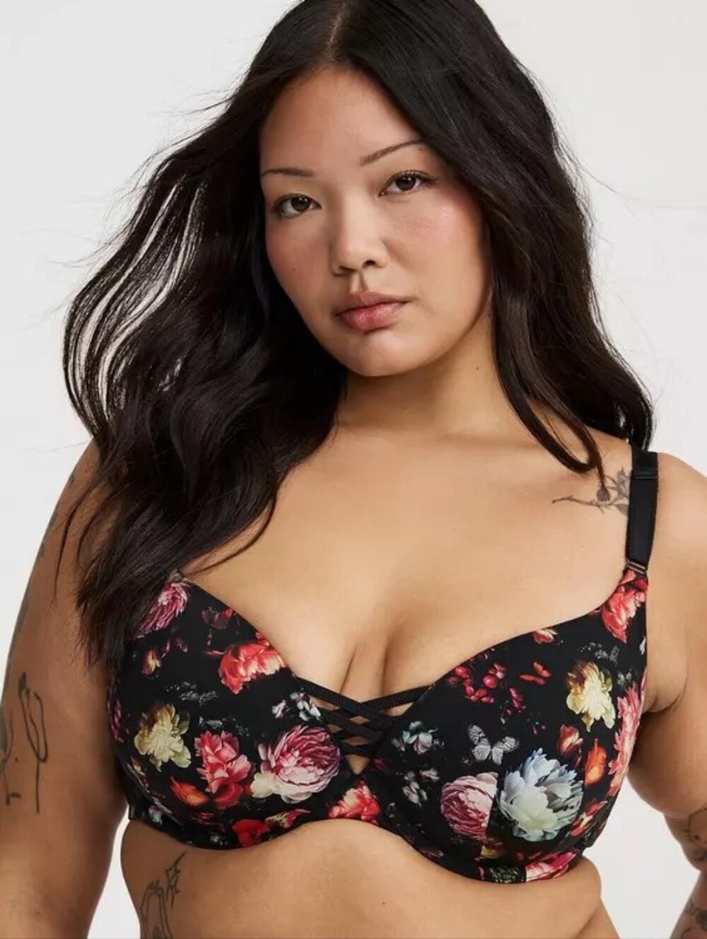 Torrid XO Plunge Push-Up Print 360° Back Smoothing Bra Underwire Floral Sz 38DD